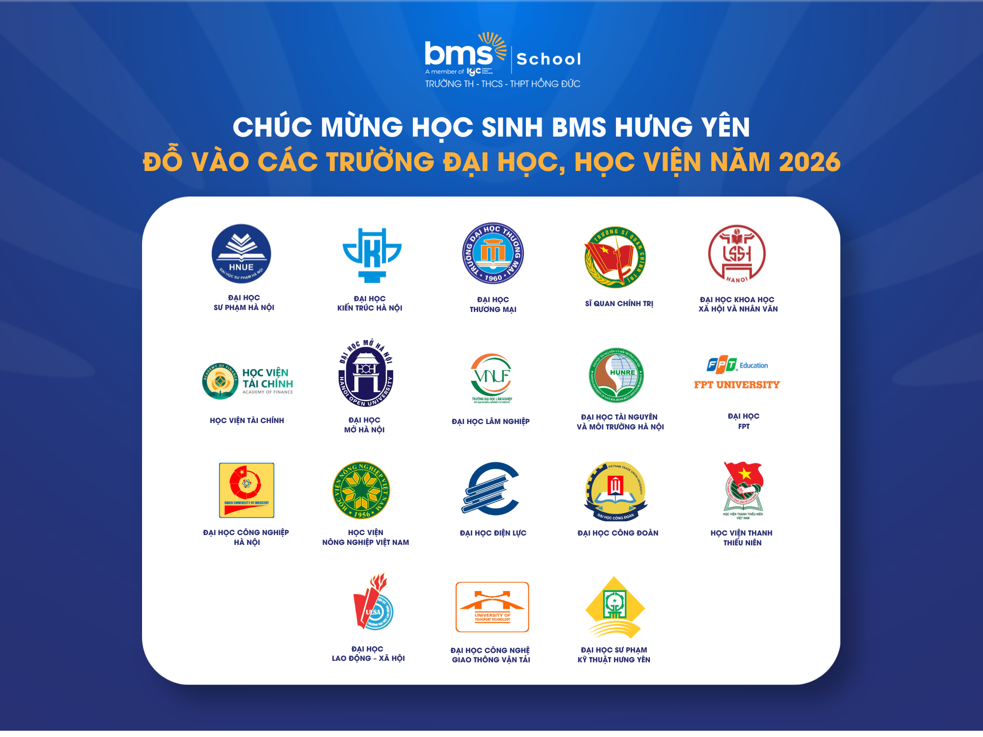 Chúc mừng học sinh khối 12 BMS Hưng Yên niên khóa 2023-2026 đã trúng tuyển các trường đại học